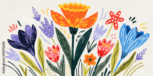 Bouquet of richly textured springtime flowers including a dominant central orange tulip surrounded by purple, blue, and pink blossoms against cream.