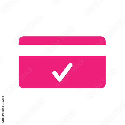 A bright magenta payment card graphic displays a central white checkmark indicating successful authorization or transaction.