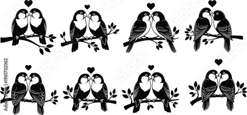 Romantic lovebirds couple silhouette set, cute birds perched on branch with hearts, black and white vector illustration collection for Valentine design