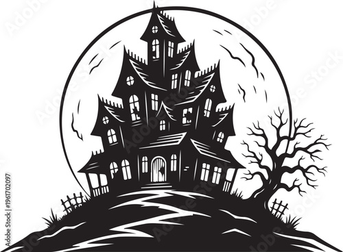 Spooky haunted house on a hill with full moon