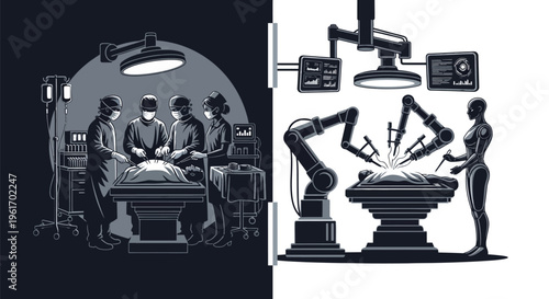 Robotic surgery team and automated system in operating rooms with doctors and medical equipment