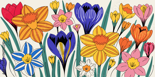 A dense, colorful array of stylized spring narcissus and deep blue crocus flowers with long green foliage fills the horizontal frame against a neutral backdrop.