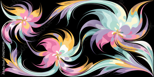 Ornate abstract swirling floral scrollwork in pastel gradients flows dynamically across a solid black background, offering a sophisticated decorative graphic element for design projects.