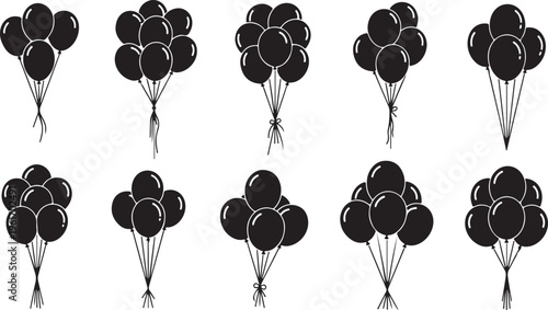 Black Balloons Floating in Air on White Background Illustration