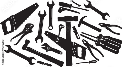 Collection of various black tools on white background illustration