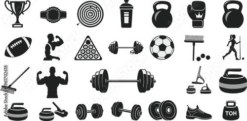 Sports and fitness icon collection, gym equipment trophy soccer football boxing glove dumbbell kettlebell vector silhouette set for athletic design