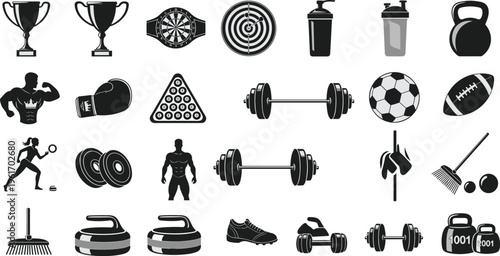 Sports and gym silhouette icon set, fitness equipment trophy dartboard soccer football boxing glove dumbbell kettlebell vector collection for athletic design