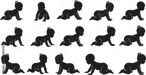 Silhouette of baby crawling in various positions and movements