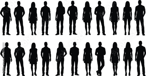 Standing people silhouettes collection, male and female full body figures in neutral poses for presentations, crowd scenes, ui design, infographic vector