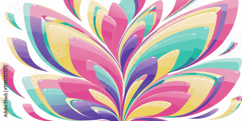 Symmetrical burst of glossy, layered petal shapes featuring teal, pink, purple, and yellow hues exploding outward from the core on white.