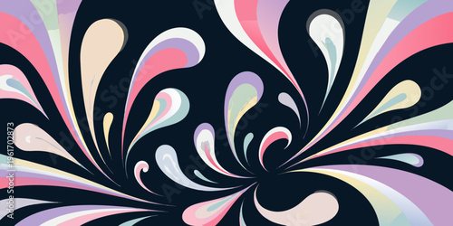 Swirling paisley abstract shapes in pastel colors erupt from the center against a deep navy background creating dynamic visual movement.