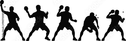 Table tennis players silhouettes showing dynamic racket swings and ball control actions, ping pong sport vector illustration set for competition training design