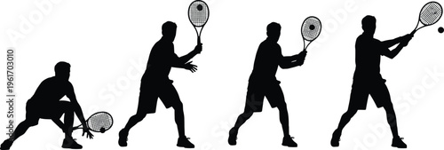 Tennis player silhouettes showing forehand and backhand strokes, serve and return actions, dynamic sport movement sequence, black vector illustration set