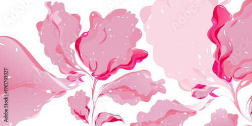 Close up view captures viscous bright pink abstract botanical forms with glossy highlights suggesting fluid or gel-like texture on white.