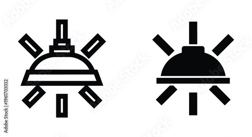 Set of two icons of a hanging pendant lamp with light rays, outline and solid style
