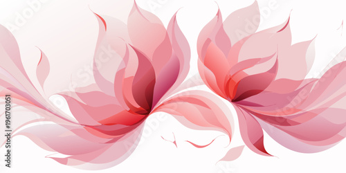 Two large, sheer pink lotus-like flowers appear to float and intertwine above a clean white surface suggesting graceful movement and natural beauty.