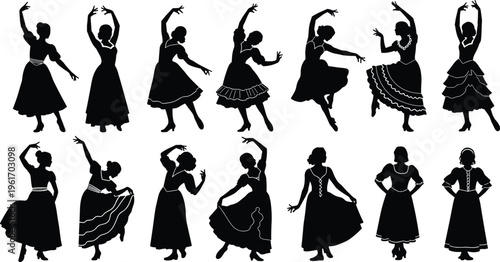 Traditional dance silhouettes, women in folkloric dresses, cultural performance poses, graceful movement illustration, ethnic costume vector art, heritage celebration, elegant choreography design