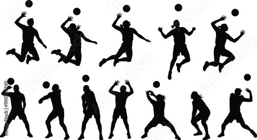 Volleyball player silhouettes jumping spiking and serving actions, male and female athletes performing dynamic team sport moves, professional vector illustration set