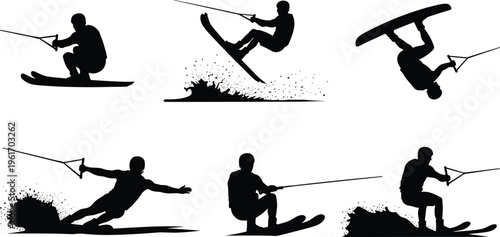 Wakeboarding silhouette collection, extreme water sport rider performing jumps, tricks and splashes poses set for adventure, summer action, training, black vector illustration