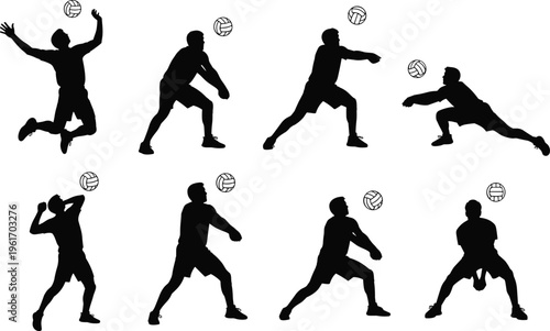 Volleyball player silhouettes performing serve set spike and dig actions, dynamic team sport movements, athletic training poses, black vector illustration set