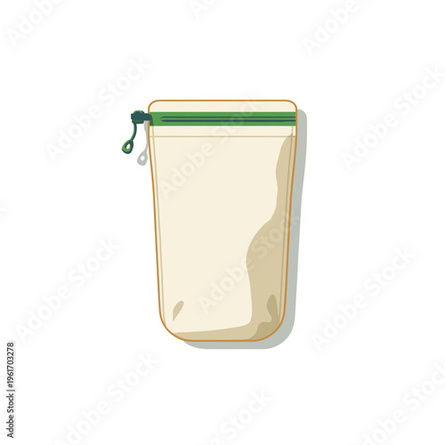 Beige fabric bag with green zipper and drawstring