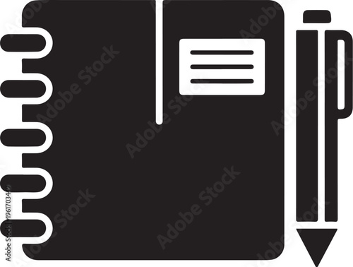 Black notebook and pen icon, vector stationery set, office supplies, dark illustration