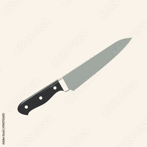 Black Handled Kitchen Knife Isolated on Plain Background