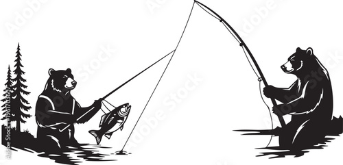 Two bears fishing together in a serene natural setting