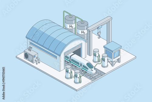 Green hydrogen train refueling station. Isometric vector showing sustainable energy and futuristic transportation