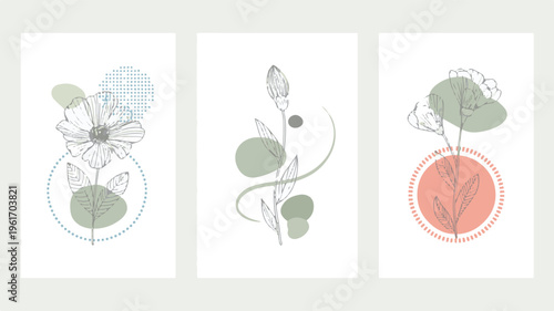 A minimalist graphic design collection features illustrations of plants and flowers in simple lines and shapes on a white background.