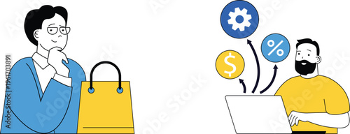 Thoughtful person with shopping bag pondering while businessman analyzes financial metrics on laptop screen