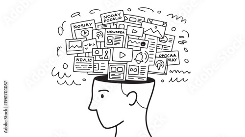 Cartoon Man Overwhelmed With Social Media And Information Overload