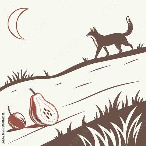 A wolf walks on a hill with a moon in the sky and fruit on the ground