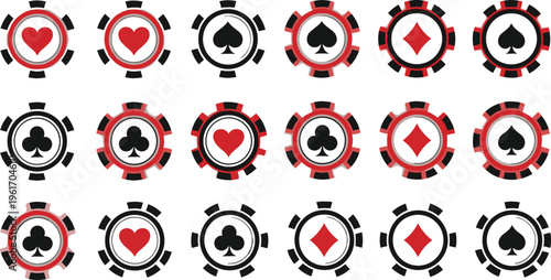 Casino Poker Chip Icon Set Featuring Hearts, Spades, Diamonds, and Clubs Symbols in Red and Black Gaming Tokens for Gambling and Card Game Design
