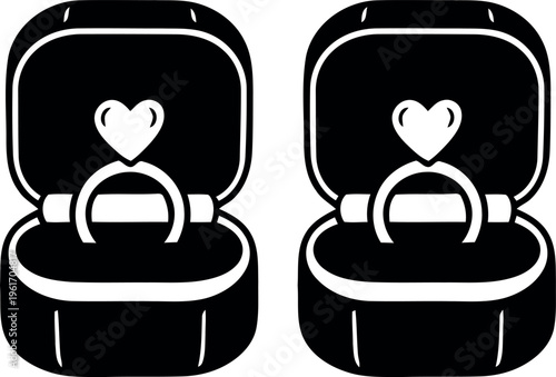 Two black and white illustrations of heart shaped diamond rings in velvet jewelry boxes side by side