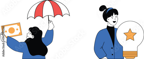 Two women showcasing financial creativity and protection through innovative ideas and secure investments under an umbrella