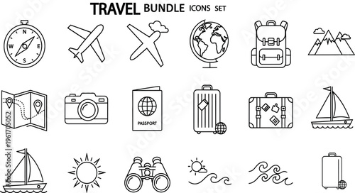 Travel bundle icon set for planning and adventure