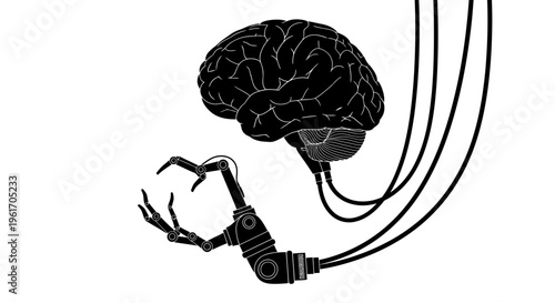Brain connected to robotic arm with wires symbolizing artificial intelligence and technology