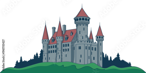 Medieval fairy tale castle with red roof towers and stone walls on a green hill with forest silhouette background.