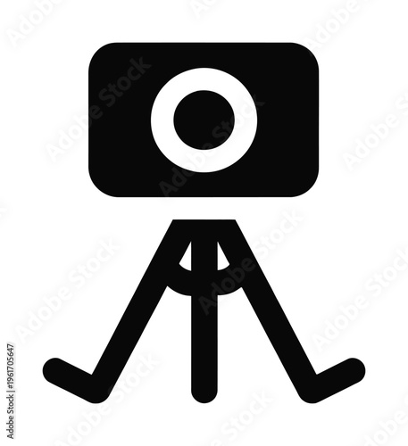 Vector icon of a camera mounted on a tripod with a sturdy base and lens