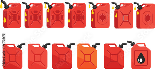 Fuel Canister Icon Set Featuring Gasoline Jerry Cans with Different Levels, Safety Symbols, and Flammable Warning Elements in Flat Vector Design Style