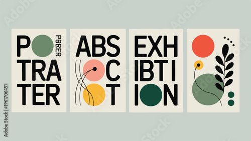 A modern minimalist art poster set features abstract exhibition portraits with plants and geometric shapes
