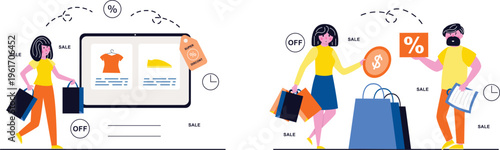 Two shoppers enjoying online and in-store sales with discounts and shopping bags in vibrant colors