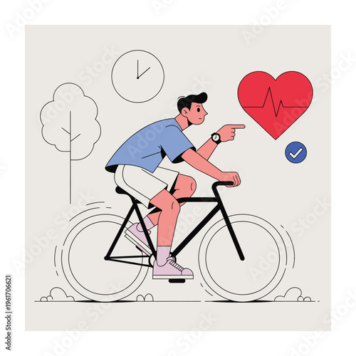 Man riding a stationary bicycle while checking his heart rate on a smartwatch in a vector