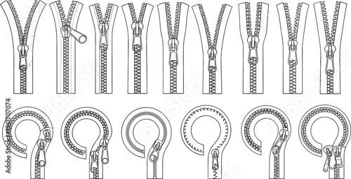 Zipper Mechanism Illustration Set Featuring Open and Closed Zip Fasteners, Slider Variations, and Sewing Accessories in Detailed Line Art Vector Style