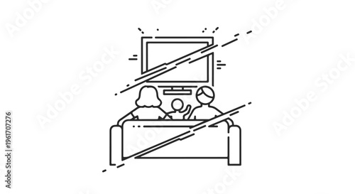 Family Watching TV on Sofa Line Art Vector Illustration
