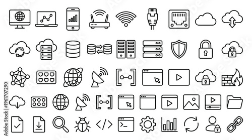 Set of 50 Outline Web Hosting and Network Icons Vector