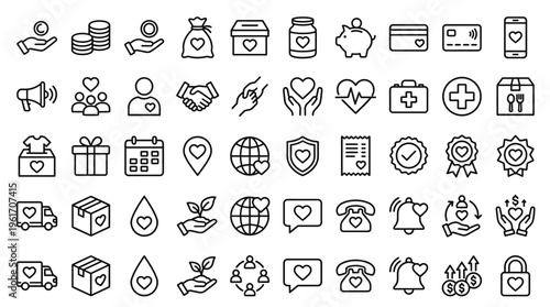 Set of 50 Outline Black Charity and Donation Icons Vector