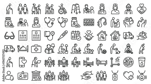 Set of 70 Elderly Care and Geriatrics Line Icons Vector