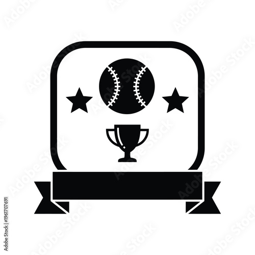 Baseball Award Badge Vector Icon with Trophy, Stars, and Ribbon in Black Silhouette Style